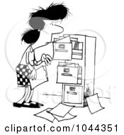 Cartoon Black And White Outline Design Of A Businesswoman At A Messy Cabinet