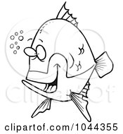 Poster, Art Print Of Cartoon Black And White Outline Design Of A Happy Fish With Bubbles