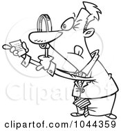 Poster, Art Print Of Cartoon Black And White Outline Design Of A Businessman Using A Magnifying Glass To Read The Fine Print
