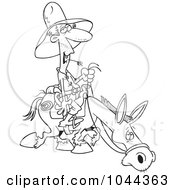 Royalty Free RF Clip Art Illustration Of A Cartoon Black And White Outline Design Of A Man Chewing On Straw And Riding A Horse