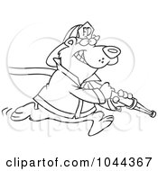 Poster, Art Print Of Cartoon Black And White Outline Design Of A Fire Fighter Bear Carrying A Hose