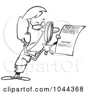 Poster, Art Print Of Cartoon Black And White Outline Design Of A Businesswoman Using A Magnifying Glass To Read The Fine Print