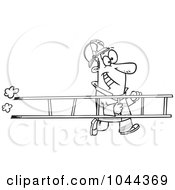 Poster, Art Print Of Cartoon Black And White Outline Design Of A Fire Fighter Carrying A Ladder