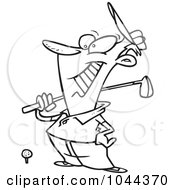 Royalty Free RF Clip Art Illustration Of A Cartoon Black And White Outline Design Of A Man Grinning At The Golf Course