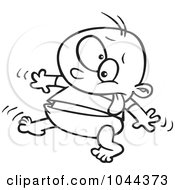 Royalty Free RF Clip Art Illustration Of A Cartoon Black And White Outline Design Of A Baby Boy Taking His First Steps