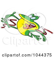 Royalty Free RF Clip Art Illustration Of A Cartoon Hopping Frog Breaking Through The Finish Line Ribbon