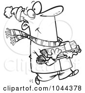 Cartoon Black And White Outline Design Of A Winter Man Carrying Firewood