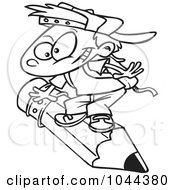 Poster, Art Print Of Cartoon Black And White Outline Design Of A School Boy Riding A Pencil