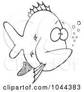 Royalty Free RF Clip Art Illustration Of A Cartoon Black And White Outline Design Of A Bored Fish