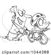 Poster, Art Print Of Cartoon Black And White Outline Design Of A Father Teaching His Boy To Ride A Bike