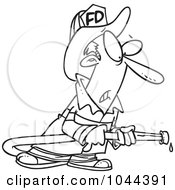 Poster, Art Print Of Cartoon Black And White Outline Design Of A Fire Fighter Carrying A Hose