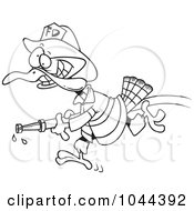 Poster, Art Print Of Cartoon Black And White Outline Design Of A Fire Fighter Turkey Carrying A Hose