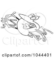 Royalty Free RF Clip Art Illustration Of A Cartoon Black And White Outline Design Of A Hopping Frog Breaking Through The Finish Line Ribbon
