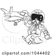 Poster, Art Print Of Cartoon Black And White Outline Design Of A Fighter Pilot Near His Jet