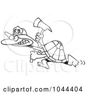 Poster, Art Print Of Cartoon Black And White Outline Design Of A Fire Fighter Tortoise Carrying An Axe