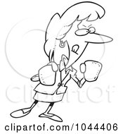Royalty Free RF Clip Art Illustration Of A Cartoon Black And White Outline Design Of A Feisty Businesswoman Wearing Boxing Gloves