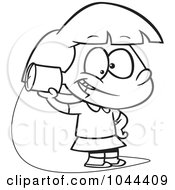 Cartoon Black And White Outline Design Of A Girl Using A Can Phone