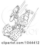 Cartoon Black And White Outline Design Of A Businessman And Computer Going Down In Flames