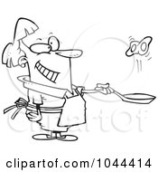 Poster, Art Print Of Cartoon Black And White Outline Design Of A Woman Flipping Eggs In A Frying Pan