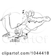 Royalty Free RF Clip Art Illustration Of A Cartoon Black And White Outline Design Of A Gator Walking And Listening To Music