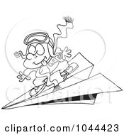 Poster, Art Print Of Cartoon Black And White Outline Design Of A Pilot Boy Flying On A Paper Plane