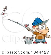 Cartoon Fishing Boy With A Bucket Of Worms