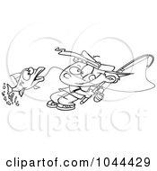 Poster, Art Print Of Cartoon Black And White Outline Design Of A Fishing Boy Reeling In A Fish