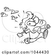 Poster, Art Print Of Cartoon Black And White Outline Design Of A Boy Fleeing From Love