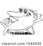 Cartoon Black And White Outline Design Of A Fish Relaxing On A Lounge Chair And Sipping A Beverage