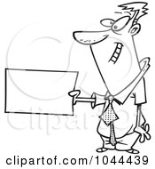 Cartoon Black And White Outline Design Of A Businessman Holding Out A Flash Card