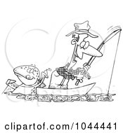Royalty Free RF Clip Art Illustration Of A Cartoon Black And White Outline Design Of A Fish Tugging On A Mans Line