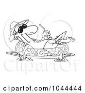Royalty Free RF Clip Art Illustration Of A Cartoon Black And White Outline Design Of A Man Floating In An Inner Tube With A Beverage