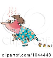 Cartoon Woman Experiencing Hot Flashes And Leaving Flame Steps