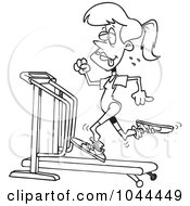 Royalty Free RF Clip Art Illustration Of A Cartoon Black And White Outline Design Of A Sweaty Woman Running On A Treadmill by toonaday