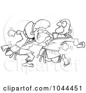 Royalty Free RF Clip Art Illustration Of A Cartoon Black And White Outline Design Of A Karate Woman Punching Her Fist Through A Mans Chest