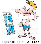 Cartoon Scrawny Man Flexing By A Mirror