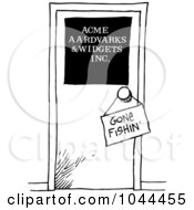 Poster, Art Print Of Cartoon Black And White Outline Design Of A Gone Fishing Sign On A Door