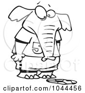 Cartoon Black And White Outline Design Of An Elephant Staring At A Flattened Soccer Ball