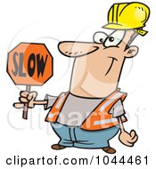 Cartoon Construction Worker Slowing Down Traffic