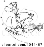 Cartoon Black And White Outline Design Of A Man Swatting At Flies