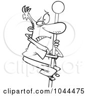 Royalty Free RF Clip Art Illustration Of A Cartoon Black And White Outline Design Of A Man Climbing A Flag Pole by toonaday