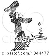 Poster, Art Print Of Cartoon Black And White Outline Design Of A Man Holding A Smoking Frying Pan