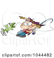 Poster, Art Print Of Cartoon Fishing Boy Reeling In A Fish