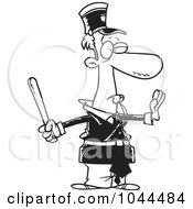 Poster, Art Print Of Cartoon Black And White Outline Design Of An Officer Gesturing To Stop And Whistling