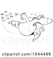 Poster, Art Print Of Cartoon Black And White Outline Design Of A Bear Fleeing From Bees