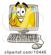 Clipart Picture Of A Sun Mascot Cartoon Character Waving From Inside A Computer Screen by Mascot Junction