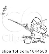 Royalty Free RF Clip Art Illustration Of A Cartoon Black And White Outline Design Of A Fishing Boy With A Bucket Of Worms