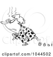 Royalty Free RF Clip Art Illustration Of A Cartoon Black And White Outline Design Of A Woman Experiencing Hot Flashes And Leaving Flame Steps by toonaday