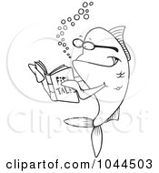 Royalty Free RF Clip Art Illustration Of A Cartoon Black And White Outline Design Of A Fish Reading A Story Book