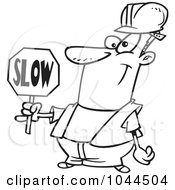 Poster, Art Print Of Cartoon Black And White Outline Design Of A Construction Worker Slowing Down Traffic